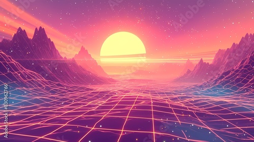 Digital technology futuristic grid sun and moon poster background