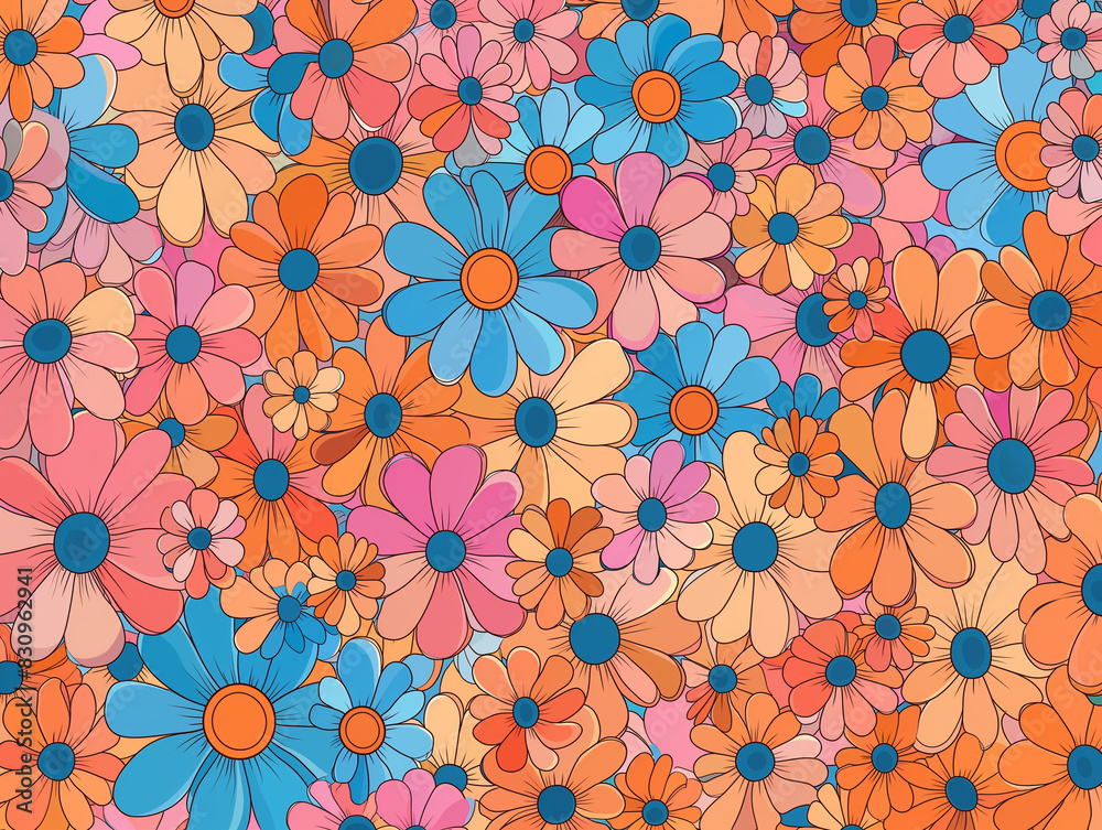 Ai Generated Art of Abstract Pink Blue Orange Watercolor Groovy Floral 70s 60s Background Ai Generated Art of Abstract Pink Blue Orange Watercolor Groovy Floral 70s 60s Background