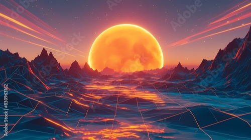 Digital technology futuristic grid sun and moon poster background