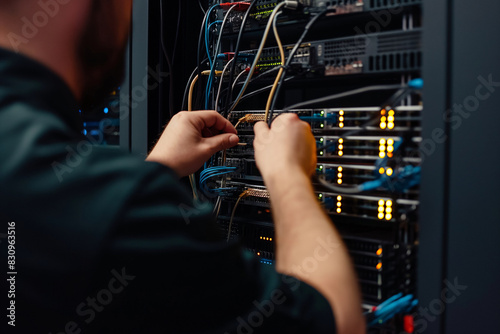 Side view of a man connecting wires in server cabinet with copy space