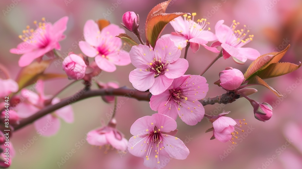 Spring blossoms Tree branch with beautiful fresh pink flowers in full bloom close up Blooming sakura Floral background : Generative AI Spring blossoms Tree branch with beautiful fresh pink flowers in full bloom close up Blooming sakura Floral background : Generative AI