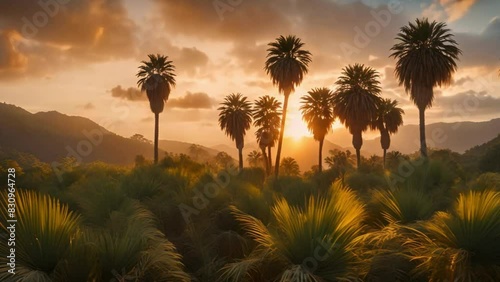 Ancient sago palms with thick trunks and feathery fronds stretch under a golden sunset. Mist swirls at their bases, a breeze rustles leaves, and distant mountains loom photo