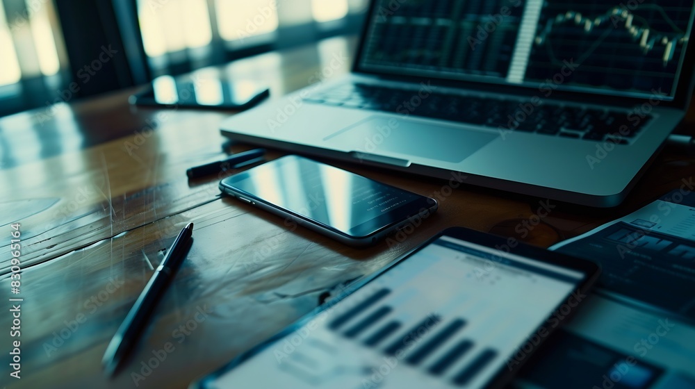 business documents with smart phone and laptop computer and graph financial with social network diagram : Generative AI business documents with smart phone and laptop computer and graph financial with social network diagram : Generative AI