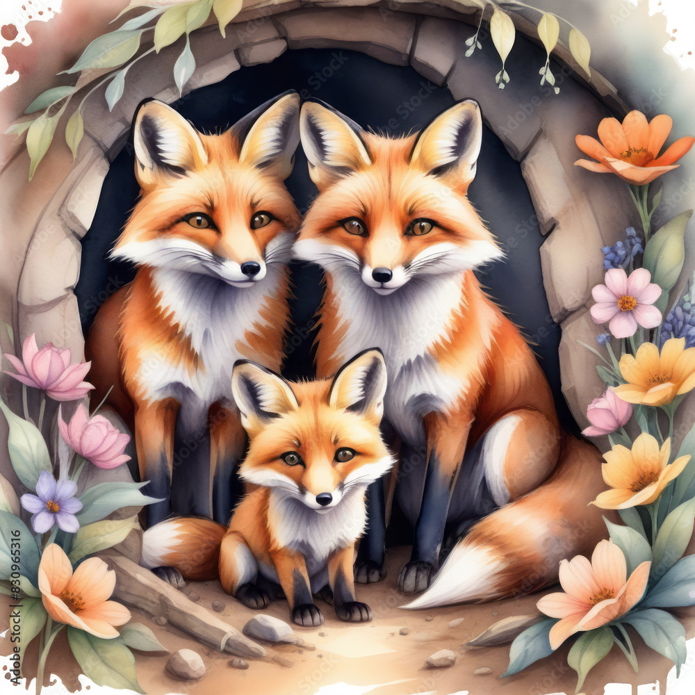 Obraz premium Family of red foxes is gathered in their forest den during the day. Five foxes are together, surrounded by colorful flowers