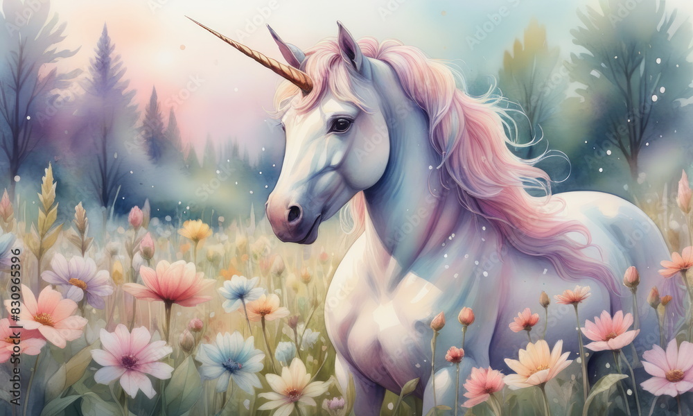 Magnificent unicorn with horn stands gracefully in a sunlit meadow surrounded by blooming flowers, exuding a serene and magical atmosphere at dawn Magnificent unicorn with horn stands gracefully in a sunlit meadow surrounded by blooming flowers, exuding a serene and magical atmosphere at dawn