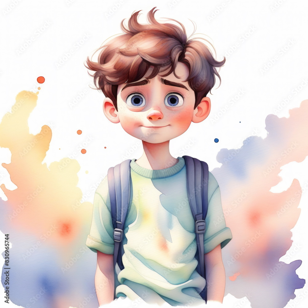 Young boy with tousled brown hair and expressive blue eyes stares directly ahead, wearing a green T-shirt and a backpack Young boy with tousled brown hair and expressive blue eyes stares directly ahead, wearing a green T-shirt and a backpack