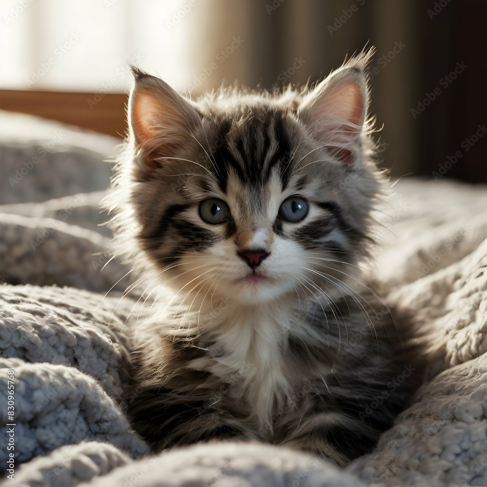 A fluffy kitten, with a mix of black, white, and gray fur, rests face-down on a comfortable bed