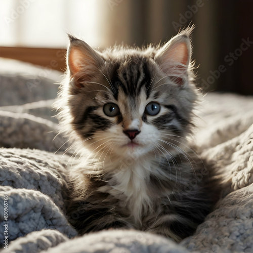 A fluffy kitten, with a mix of black, white, and gray fur, rests face-down on a comfortable bed