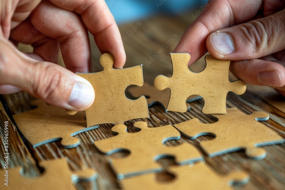 Two people putting together two large puzzle pieces on table. Two people putting together two large puzzle pieces on table.