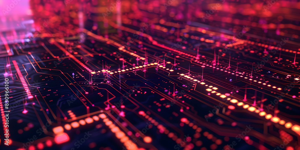 Abstract circuit board with lines of code and glow
