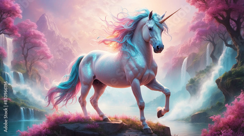 a majestic unicorn, its ethereal mane flowing in the wind as it gazes into the distance with a sense of wisdom and grace