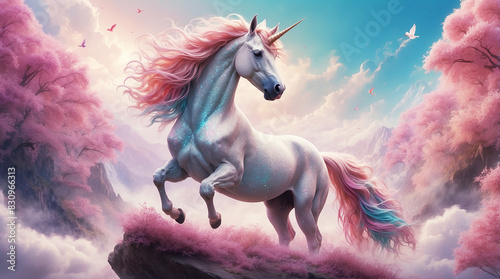a majestic unicorn, its ethereal mane flowing in the wind as it gazes into the distance with a sense of wisdom and grace