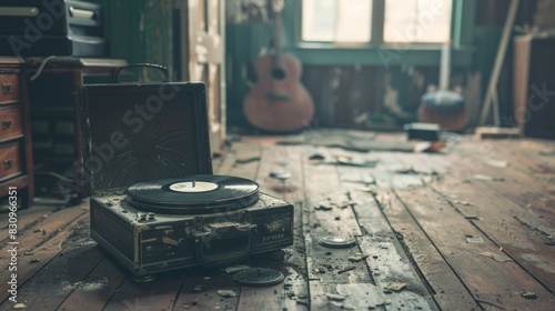 A record player sits on a wooden floor in a room with a lot of clutter photo