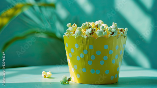 Vegan plant-based healthy snack  organic popcorn in bucket bowl container  modern minimalist trendy stylish cinema  macro product photography  close-up  sunny  bright  isolated  bokeh  shadow play