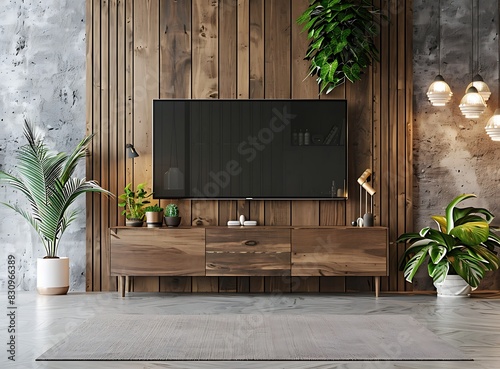 Minimalist interior design of a modern living room with a wall mounted tv and wooden paneling cabinet