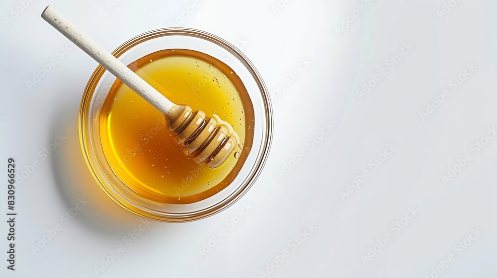 Glass bowl of honey with honey dipper isolated on white background top view : Generative AI Glass bowl of honey with honey dipper isolated on white background top view : Generative AI