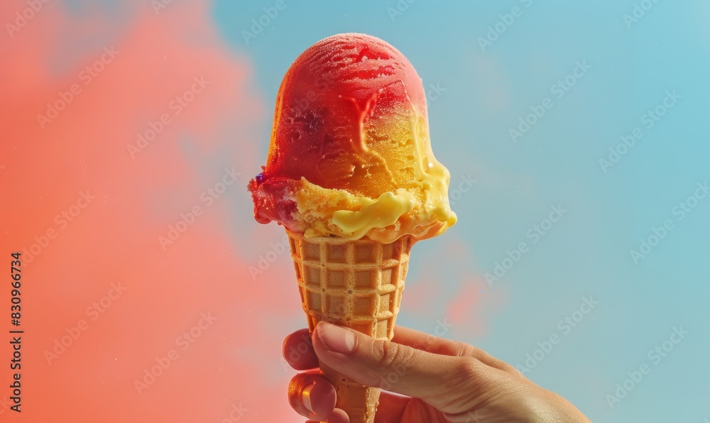 A cold popsicle or ice cream cone on a hot day is a refreshing and pleasant treat. A cold popsicle or ice cream cone on a hot day is a refreshing and pleasant treat.