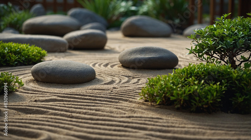 A Japanese Zen garden with neatly raked sand  carefully placed stones  and a few green plants