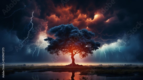 A solitary tree stands against a dramatic stormy sky with lightning, casting a fiery glow, reflected in the still water below.