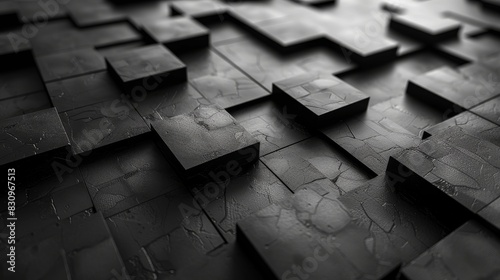 This image features an abstract and artistic representation of black geometric tiles with an emphasis on light and shadows