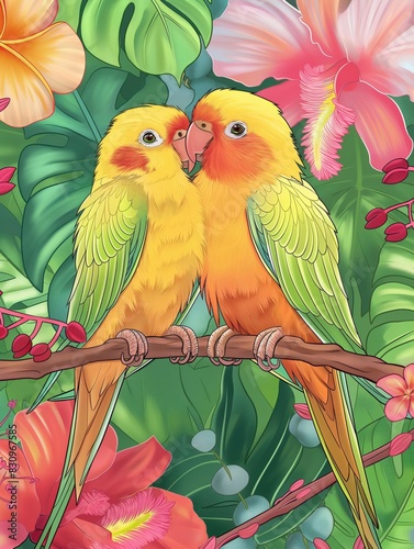 Two Vibrant Parrots Perched on Branch in Tropical Garden During