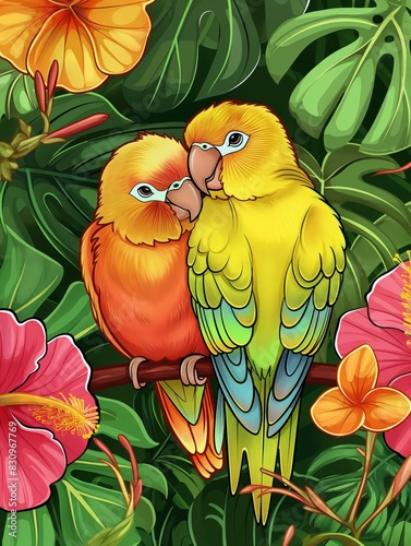 Two Vibrant Parrots Perched on Branch in Tropical Garden During