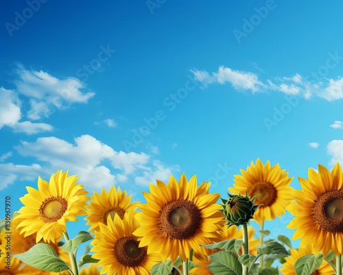 Vibrant sunflower field under a bright blue sky with fluffy white clouds  depicting a perfect sunny day and cheerful atmosphere.