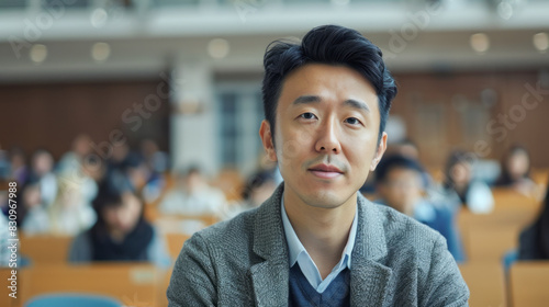 Confident asian man in lecture hall. Portrait of a confident Asian man in a lecture hall, surrounded by a diverse group of students.