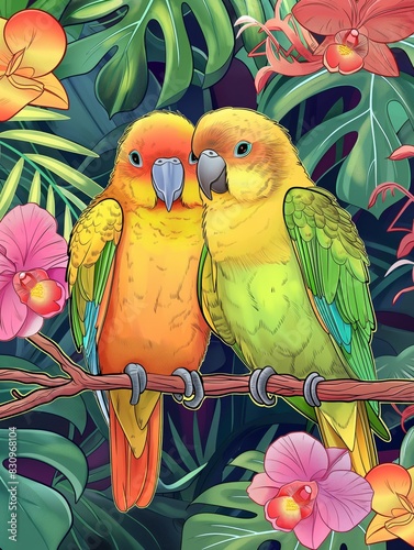 Two Vibrant Parrots Perched on Branch in Tropical Garden During