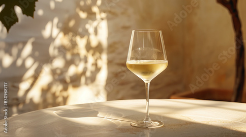Glass of organic white wine in modern off-white minimalist trendy stylish cafe bar setting with stucco concrete wall, product photography, outdoors, sunny, bright, shadow play, close-up macro shot 