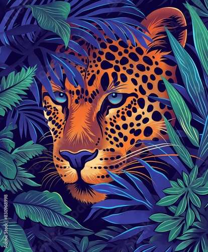 Vibrant Leopard Face Surrounded by Colorful Tropical Foliage
