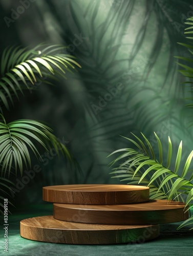 A minimalist wooden podium consisting of three steps for product display  with a green background decorated with palm leaves  creating a cinematic atmosphere.