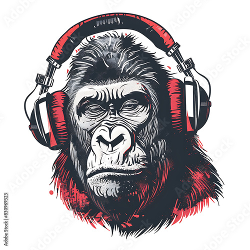 Gorilla wearing headphones T-shirt design, blending urban style and wild energy photo