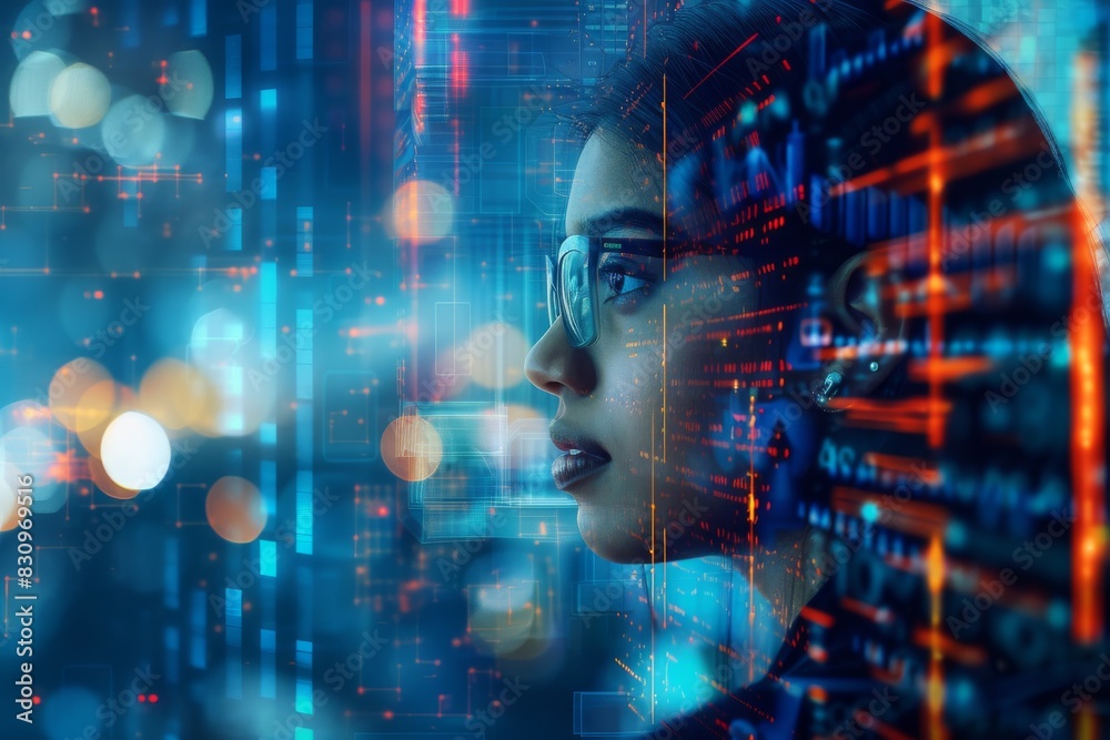 A blurred silhouette of a person set against a backdrop of technical data and digital graphics A blurred silhouette of a person set against a backdrop of technical data and digital graphics