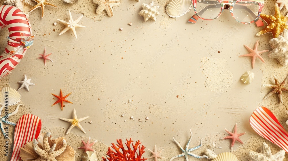 Summer Sale Extravaganza: Sandy Beach Background with Beach-Themed Items in Vintage Colors and Ample Copy Space for Promotional Titles, Aerial View Summer Sale Extravaganza: Sandy Beach Background with Beach-Themed Items in Vintage Colors and Ample Copy Space for Promotional Titles, Aerial View