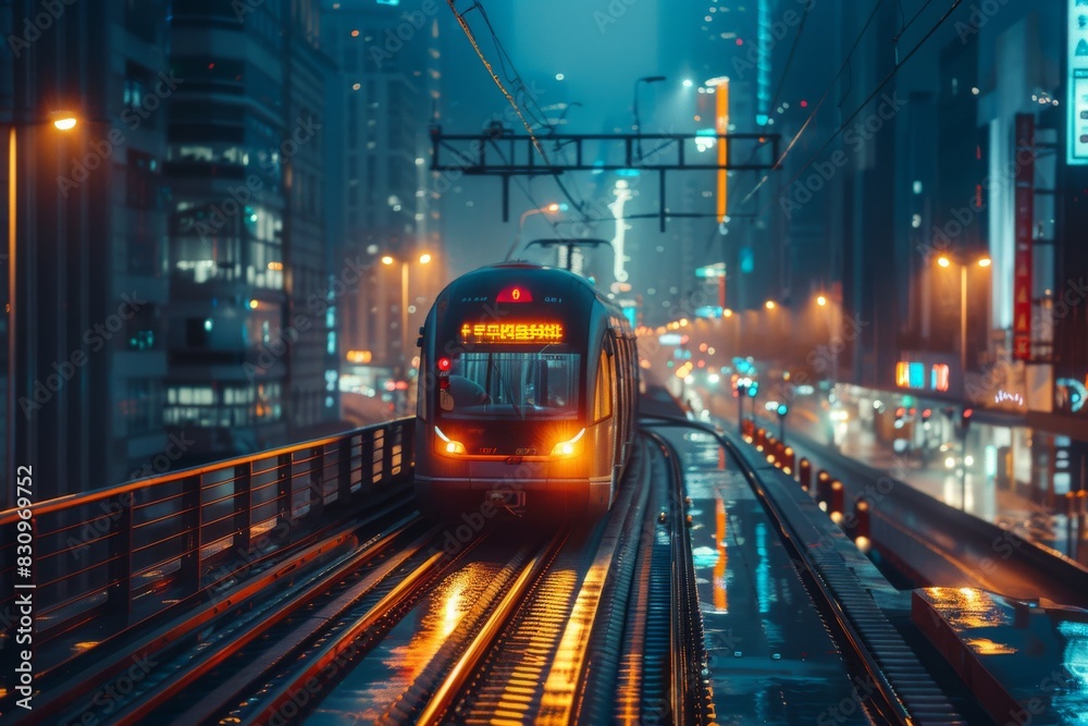 A futuristic train moves along its track with city lights and buildings surrounding it, giving a sense of urban movement A futuristic train moves along its track with city lights and buildings surrounding it, giving a sense of urban movement