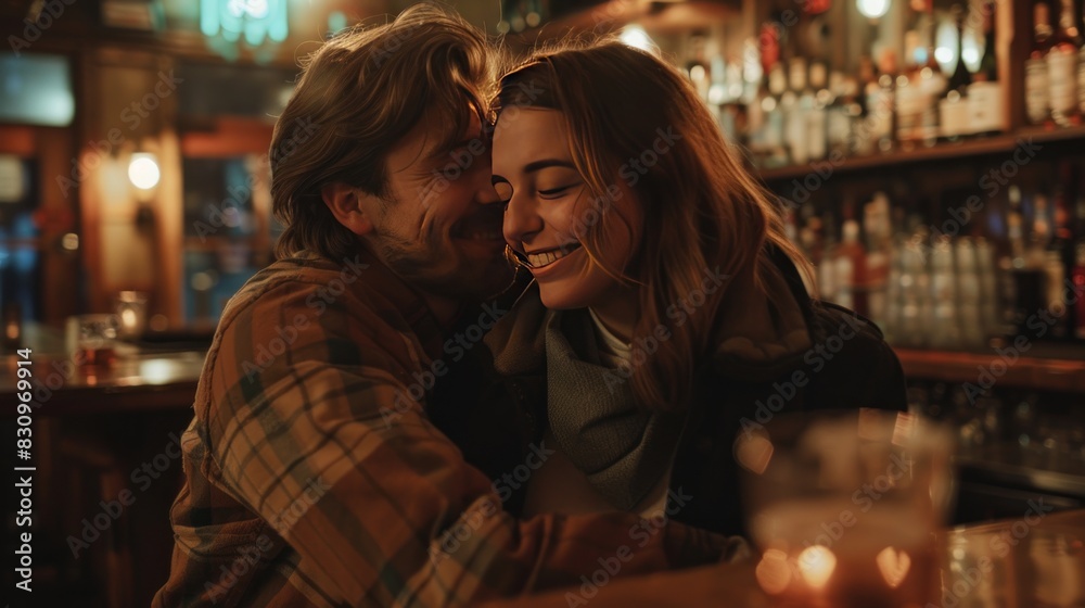 A fun young couple enjoying their free time at a bar. and hug each other warmly A fun young couple enjoying their free time at a bar. and hug each other warmly