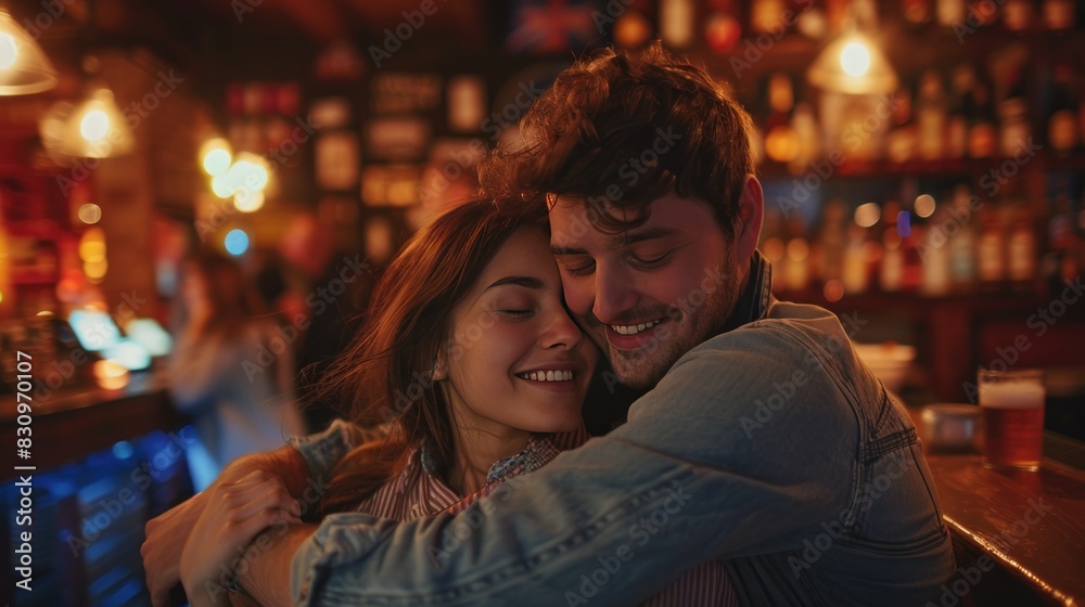 A fun young couple enjoying their free time at a bar. and hug each other warmly A fun young couple enjoying their free time at a bar. and hug each other warmly