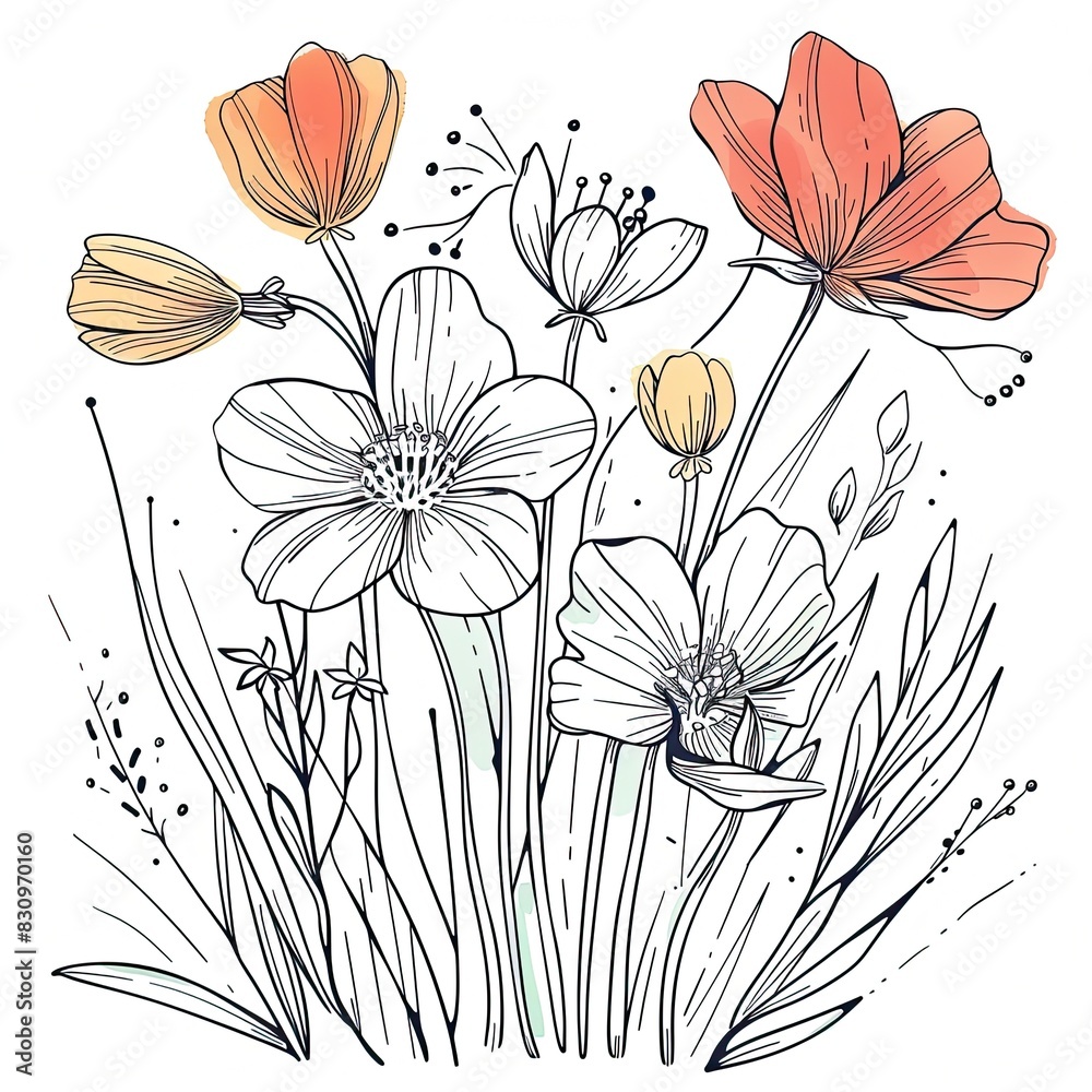 Springtime Floral Line Art: Drawing of Flowers, Clean Background, Nature Illustration