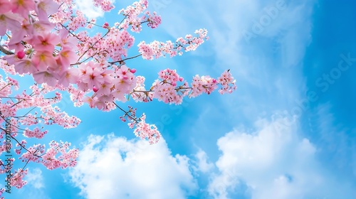 Beautiful and cute pink Kawazu Zakura cherry blossom against blue sky wallpaper background Tokyo Japan : Generative AI photo
