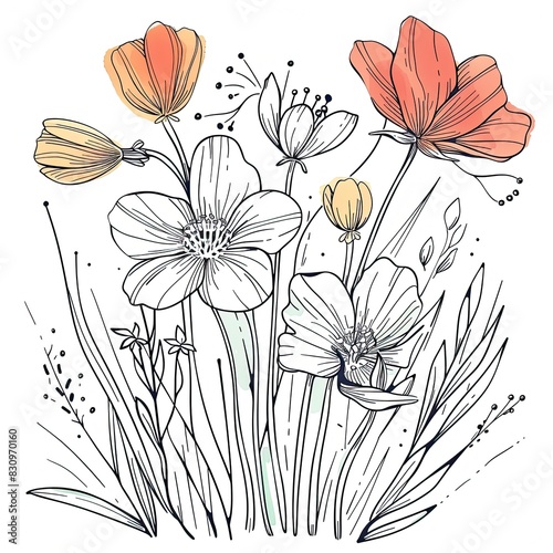 Springtime Floral Line Art  Drawing of Flowers  Clean Background  Nature Illustration