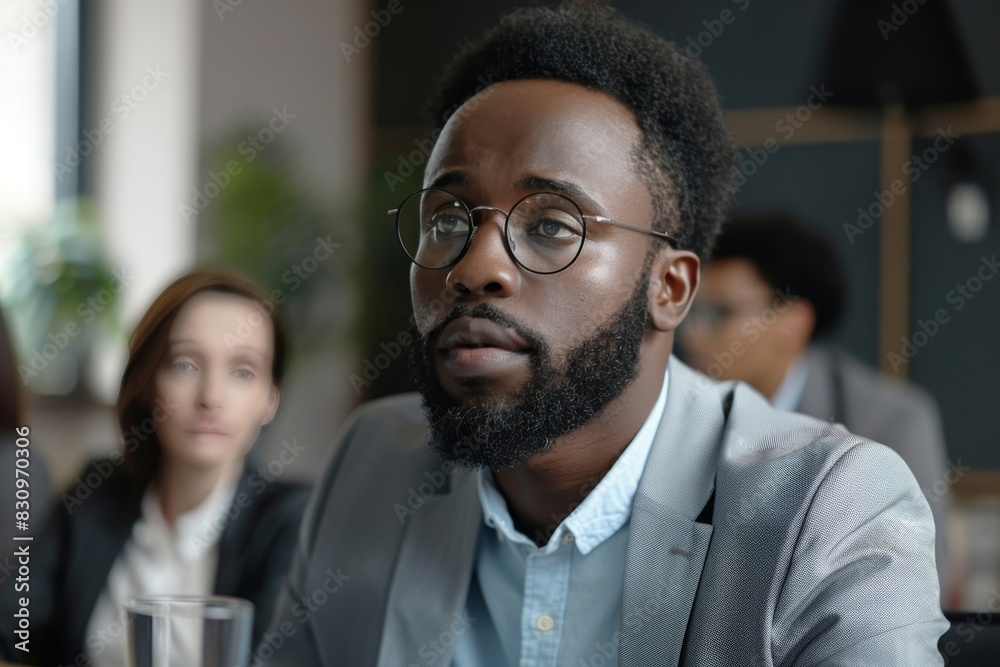 Fototapeta premium A professional man lost in thought at a business meeting, showing concentration and seriousness