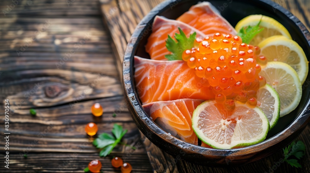 Japanese mix seafood sashimi don Fresh salmon sashimi don Raw salmon roe and wasabi Japanese food on restaurant table Isolate on wood background : Generative AI Japanese mix seafood sashimi don Fresh salmon sashimi don Raw salmon roe and wasabi Japanese food on restaurant table Isolate on wood background : Generative AI