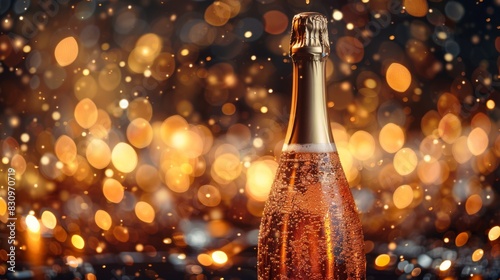 A champagne bottle in the foreground with sparkling bokeh lights suggesting celebration and luxury