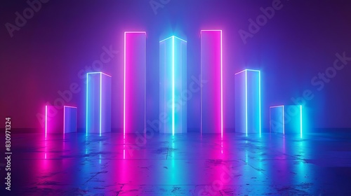Abstract neon light bars and arrow, glowing in dark background ©  Green Creator