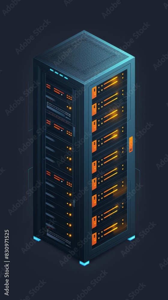 Isometric illustration of a modern server rack with glowing lights.