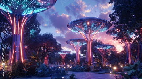 Futuristic Illuminated Trees at Dusk