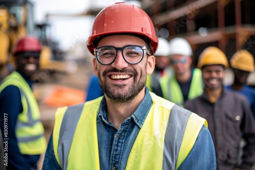 Smiling male construction worker with safety vest and helmet on a construction site
