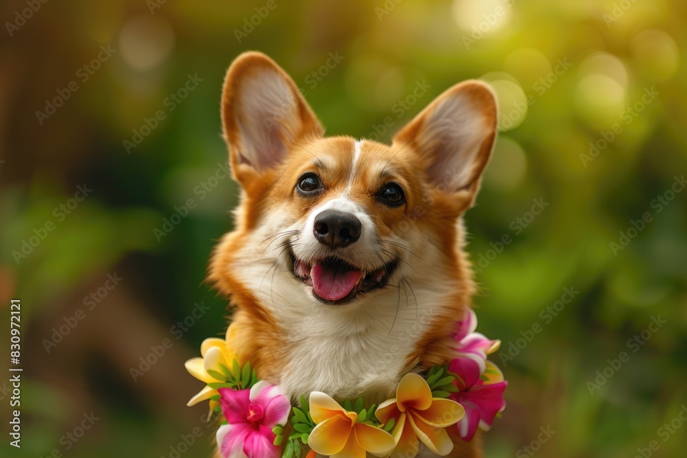 Radiant Corgi Adorned in Flowers Necklace Against Blurry Backdrop