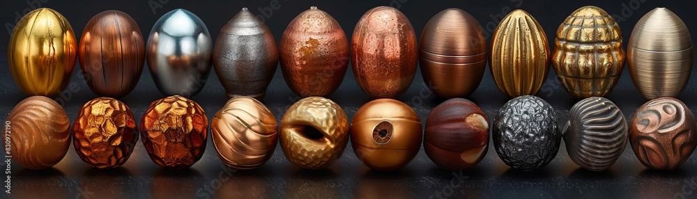30 diffeerent metallic hiperrealistic photographic nuts all aligned 30 diffeerent metallic hiperrealistic photographic nuts all aligned